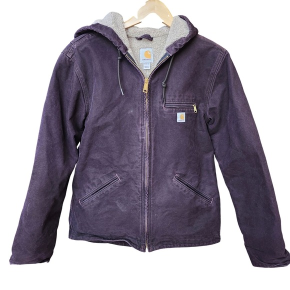 Carhartt Sherpa Lined Canvas Hooded Jacket Plum Purple Women's M 8-10 - Picture 3 of 10